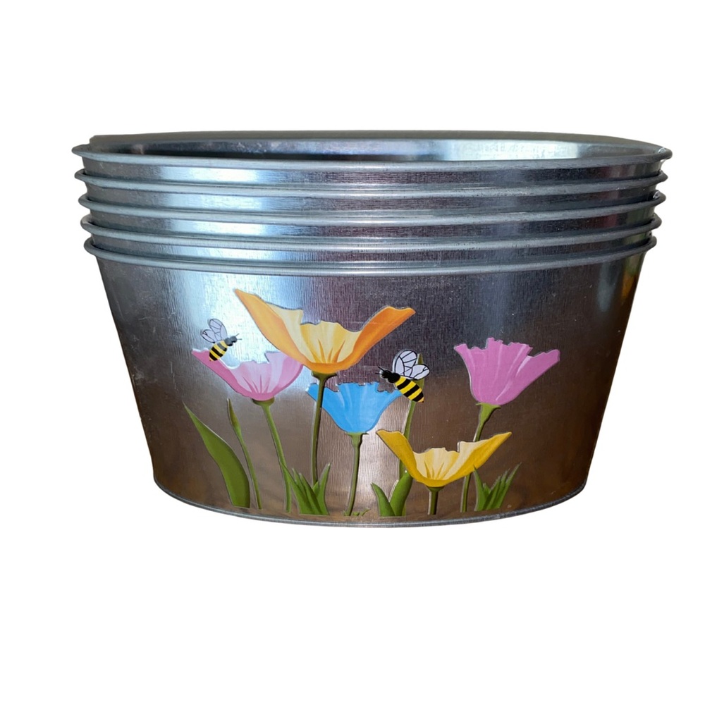 Set of 5 Floral Butterfly Metal Tins 7in Spring Garden Rustic Decor Storage
